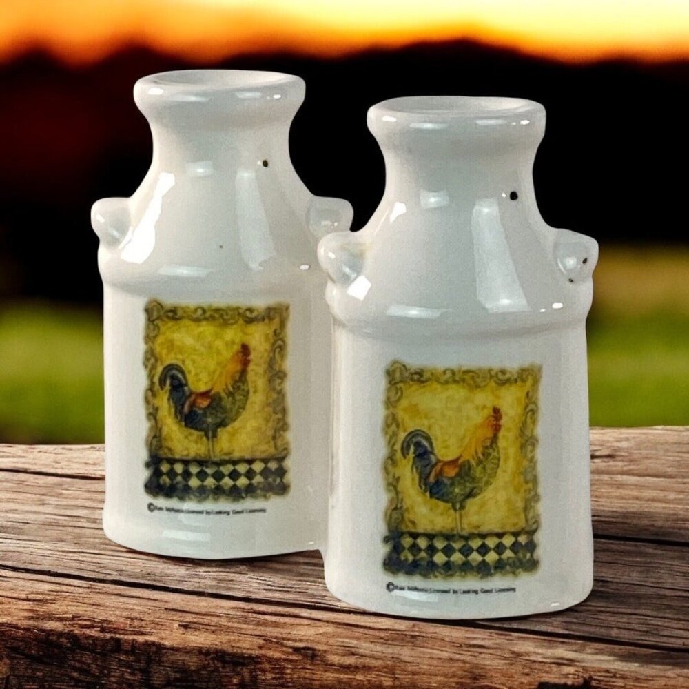 Vintage White Ceramic Milk Can Salt and Pepper Shakers, Rooster, Kate McRostie